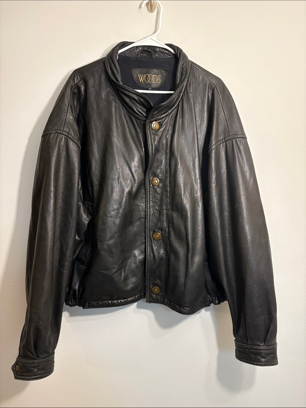 Leather black vintage Woods zip and button front coat